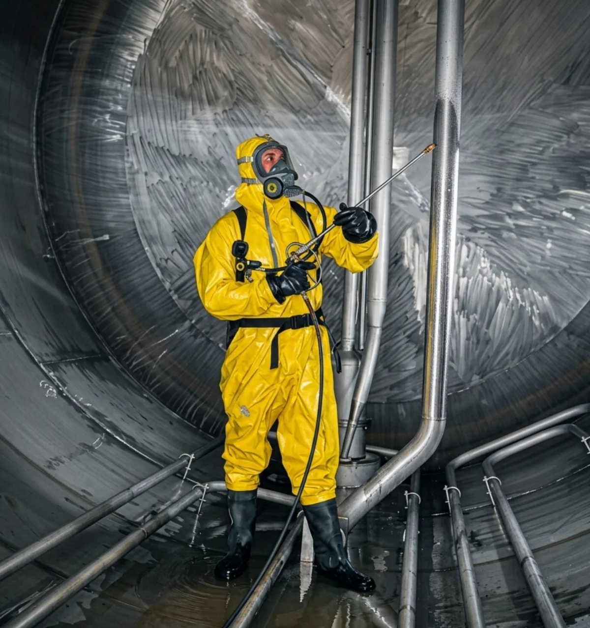 Profissional com equipamento de proteção em tanque industrial.