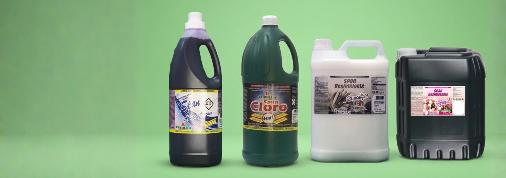 Linha de produtos de limpeza profissional em fundo verde.