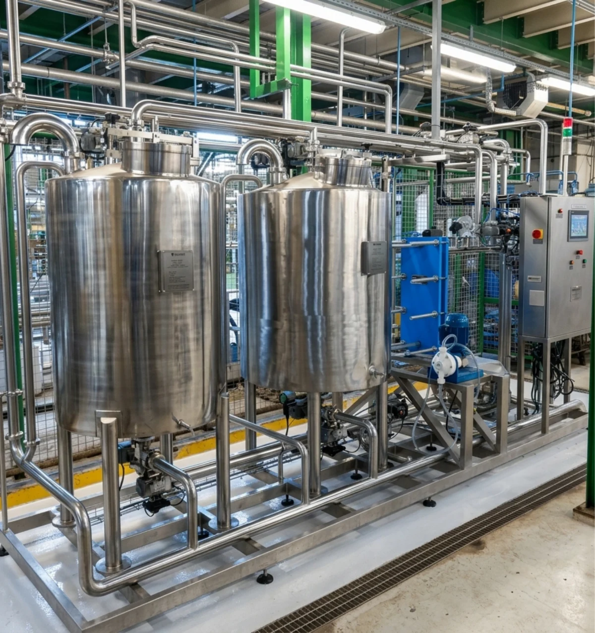 Tubulações e tanques de aço inoxidável em instalação industrial.