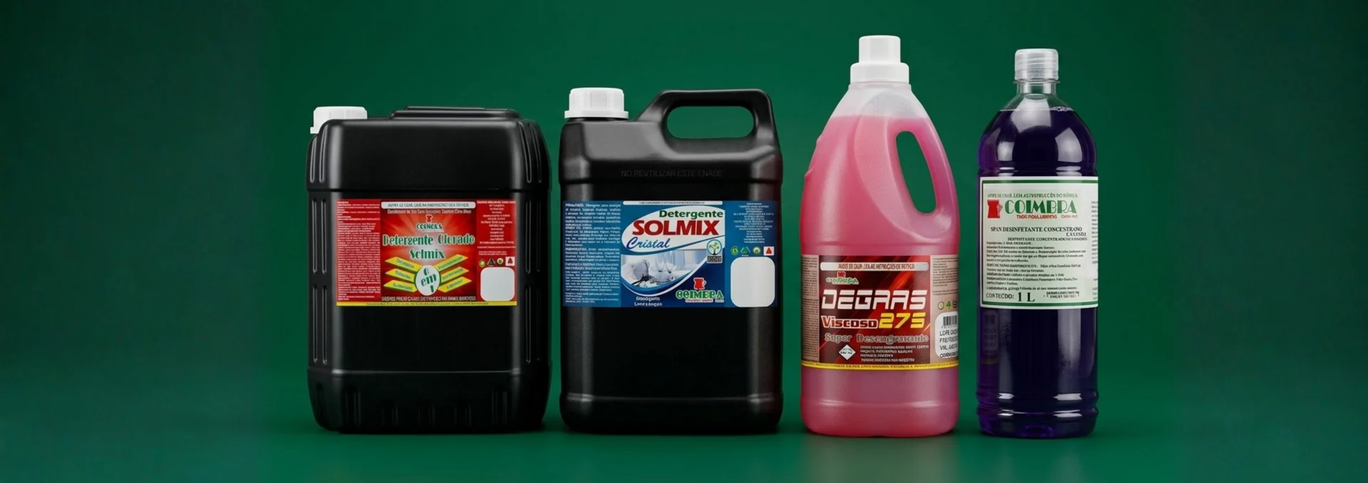 Embalagens de produtos de limpeza profissional em fundo verde.