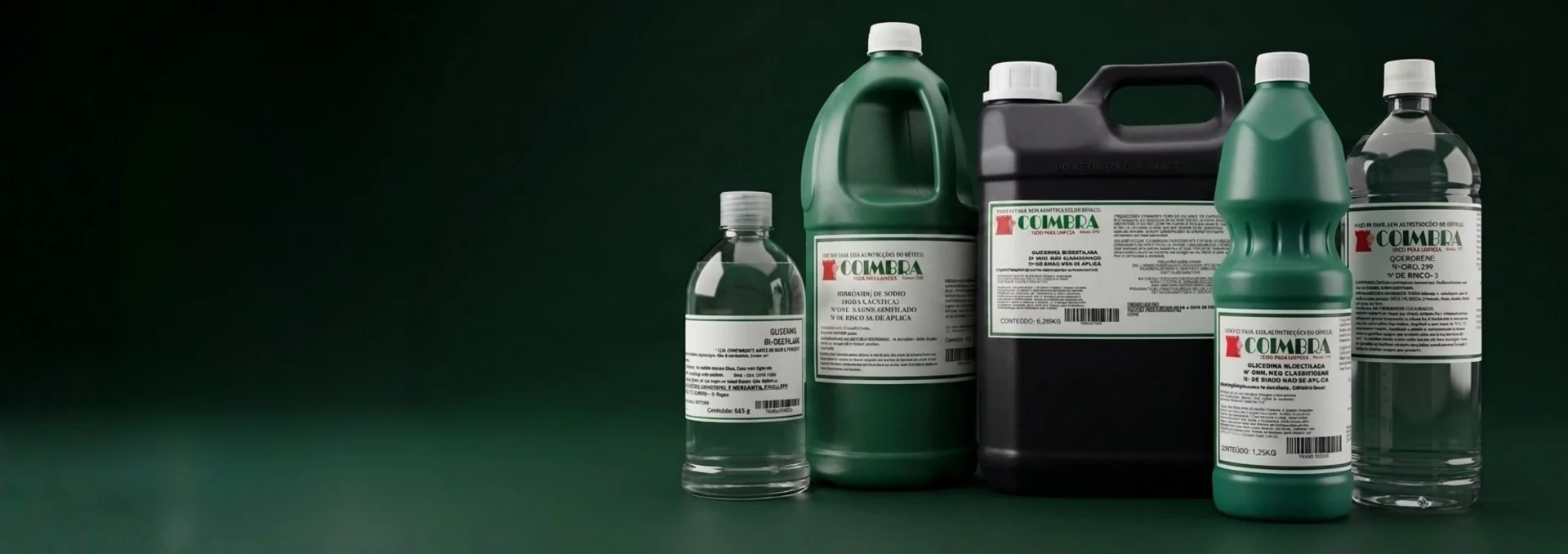 Produtos químicos para limpeza organizados em fundo verde.