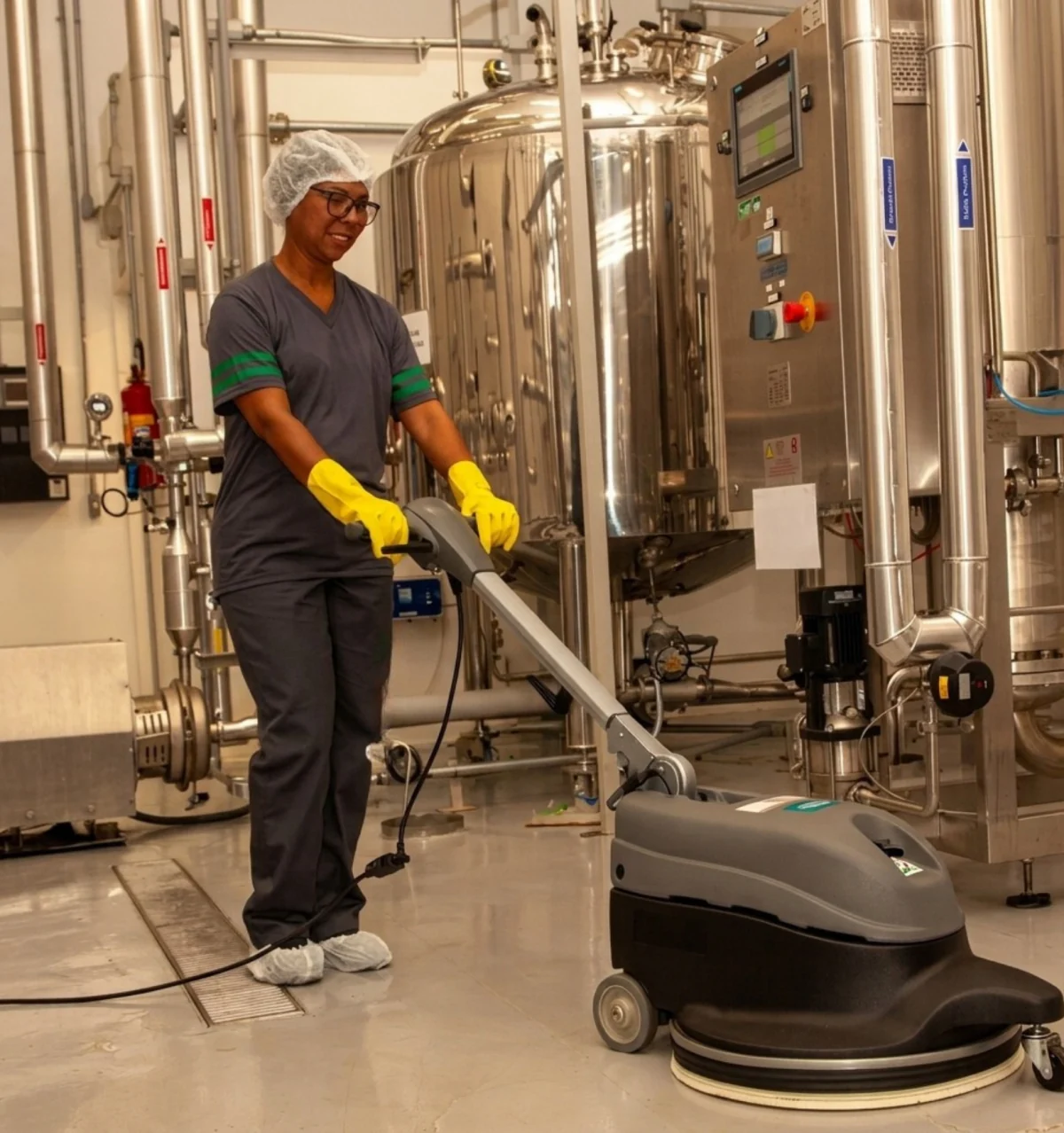 Profissional operando lavadora de piso em área industrial.