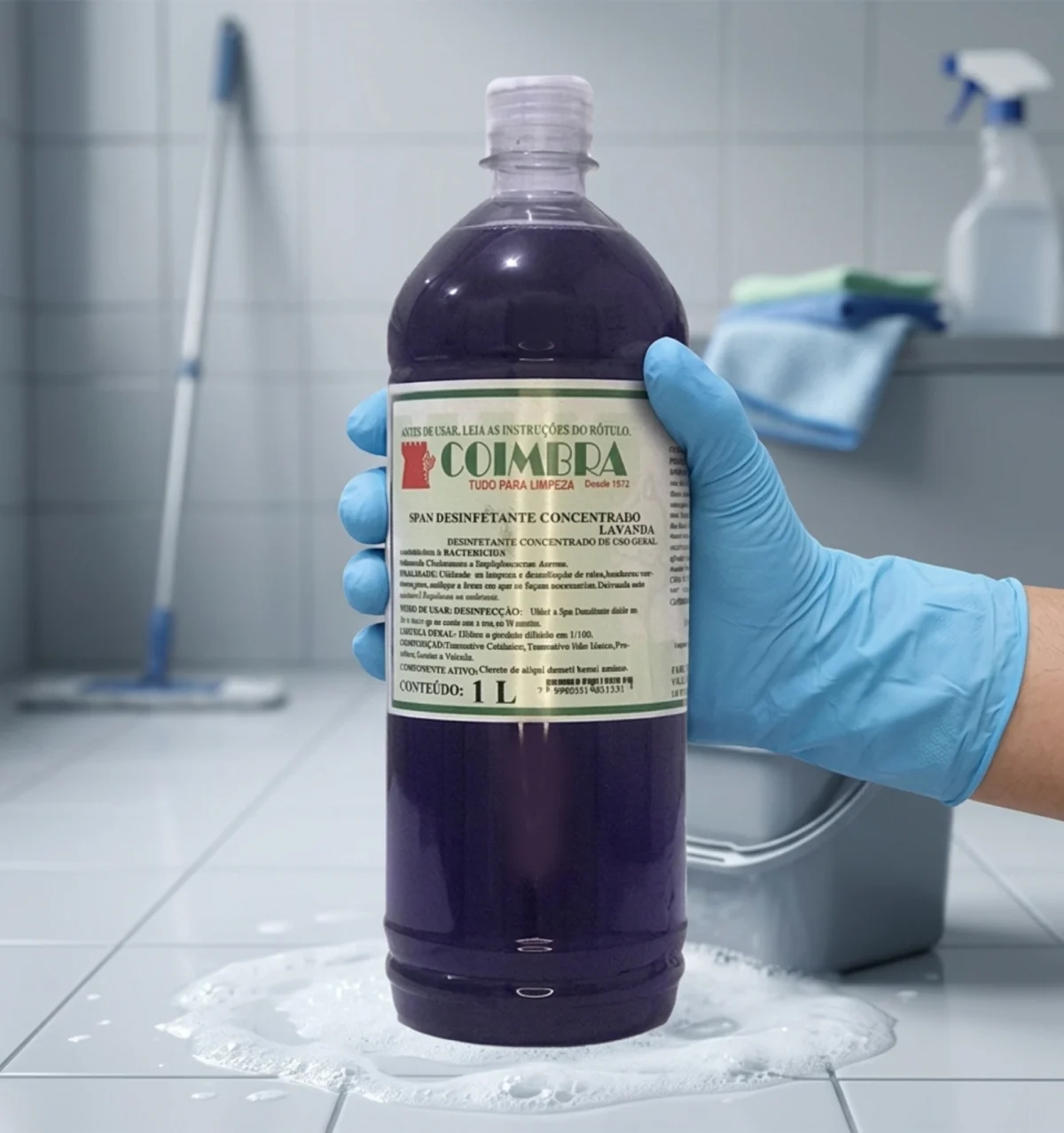 Frasco de produto de limpeza concentrado em primeiro plano.