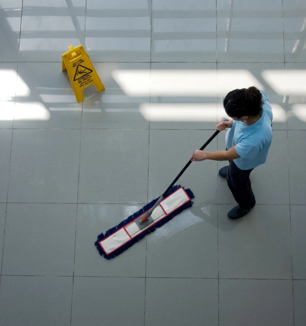 Profissional limpando piso de área comum.