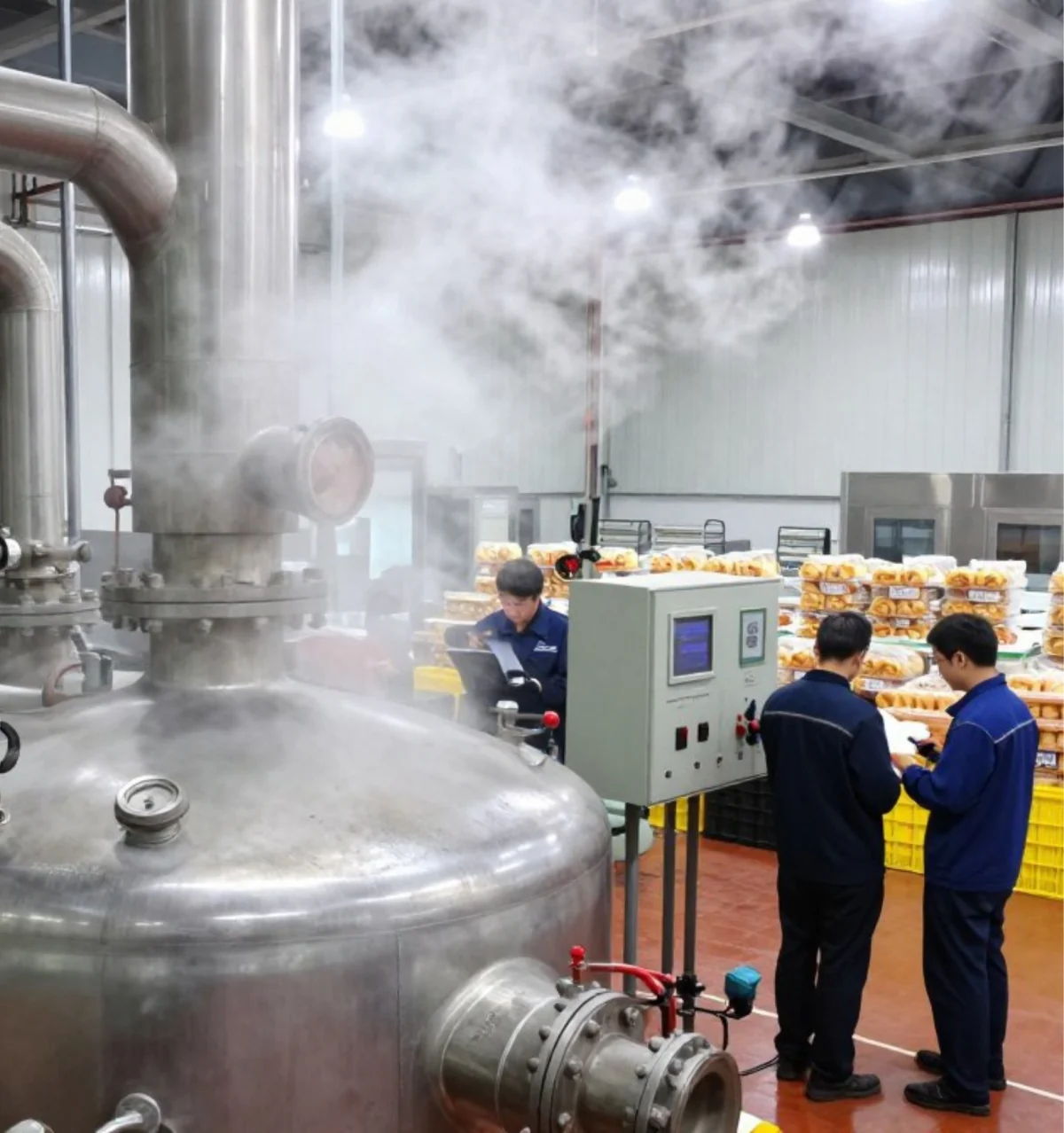 Equipamento industrial sendo higienizado em fábrica.