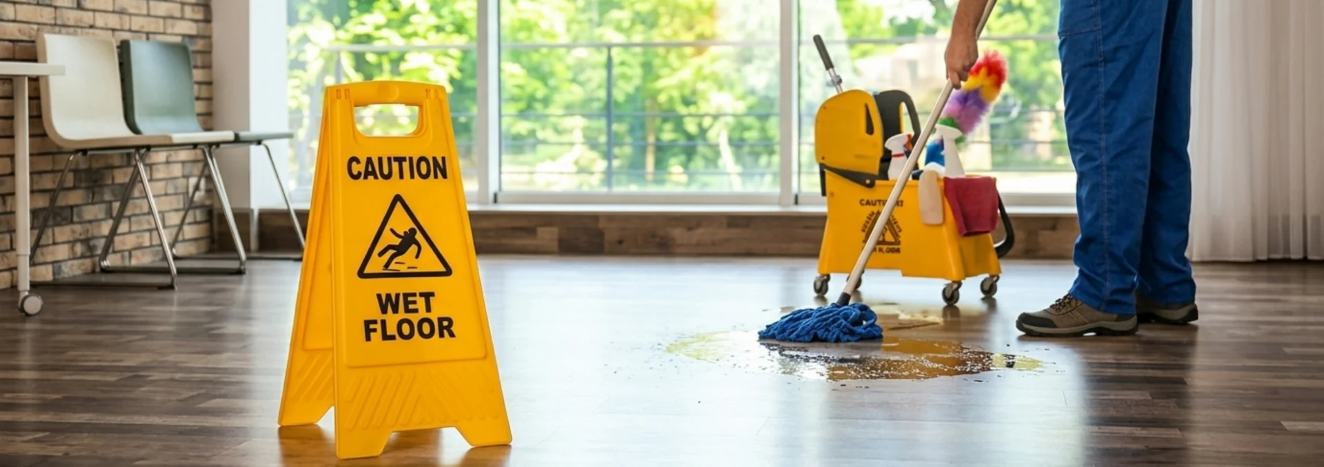 Profissional limpando piso com sinalização de área molhada.