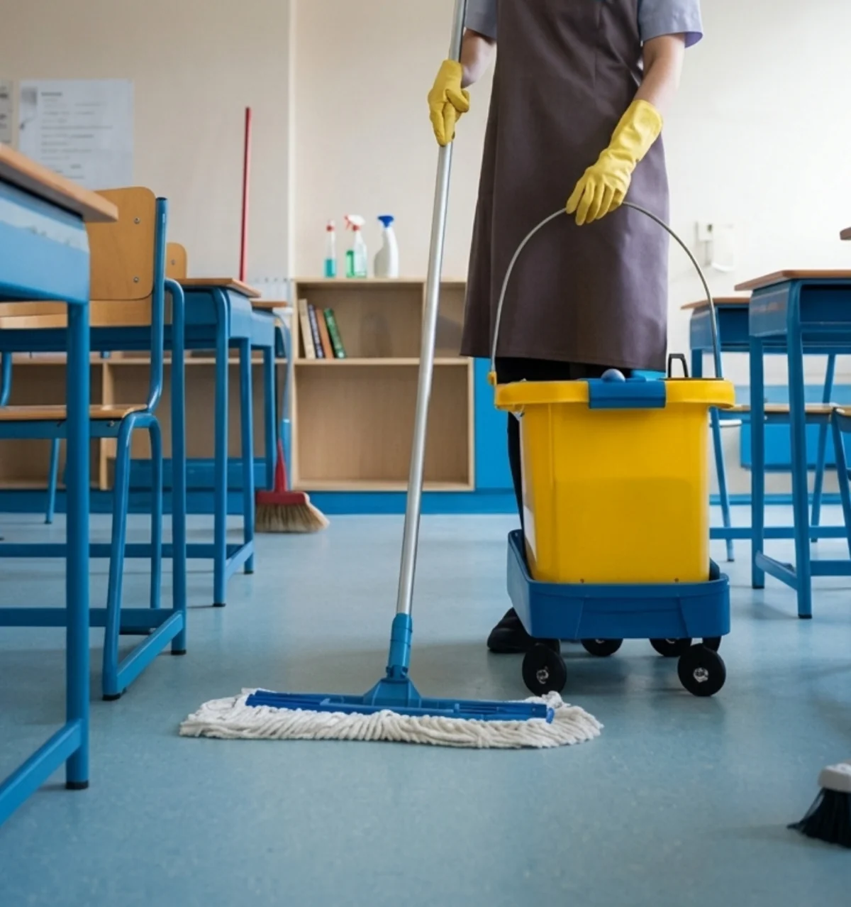 Profissional limpando sala de aula.