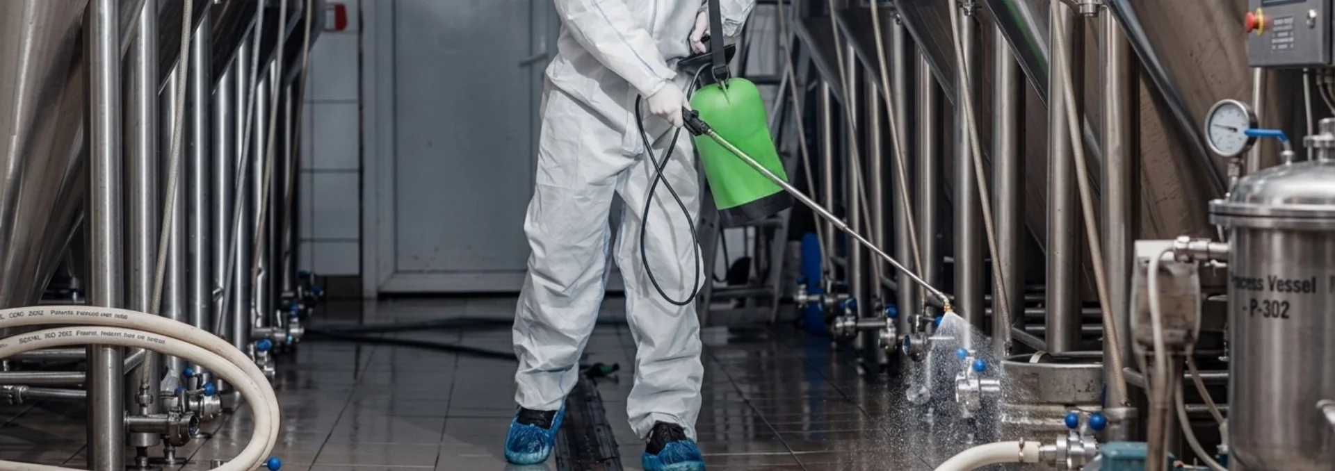 Profissional higienizando equipamentos de aço inoxidável.