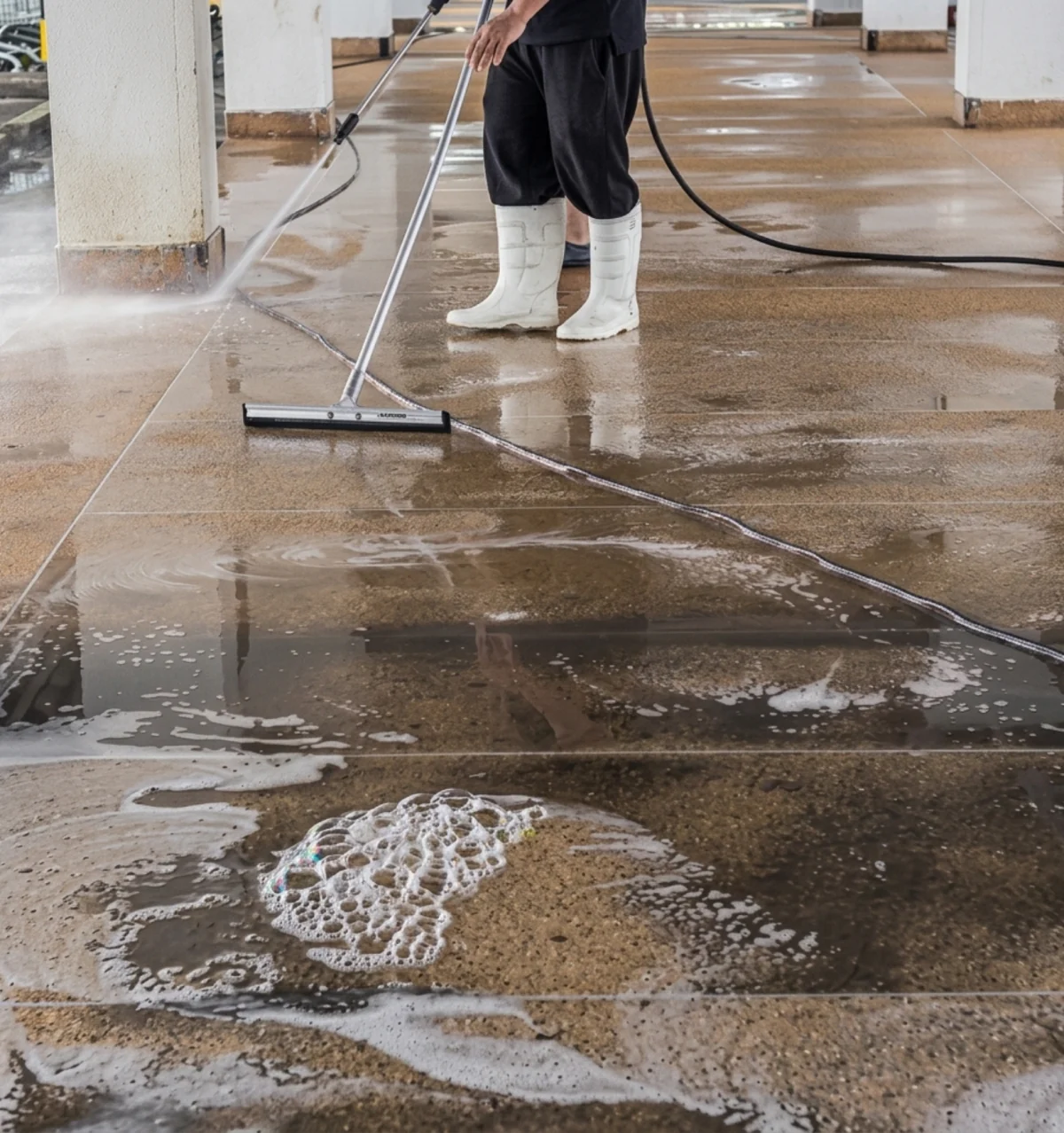 Profissional limpando piso após obra em área interna.