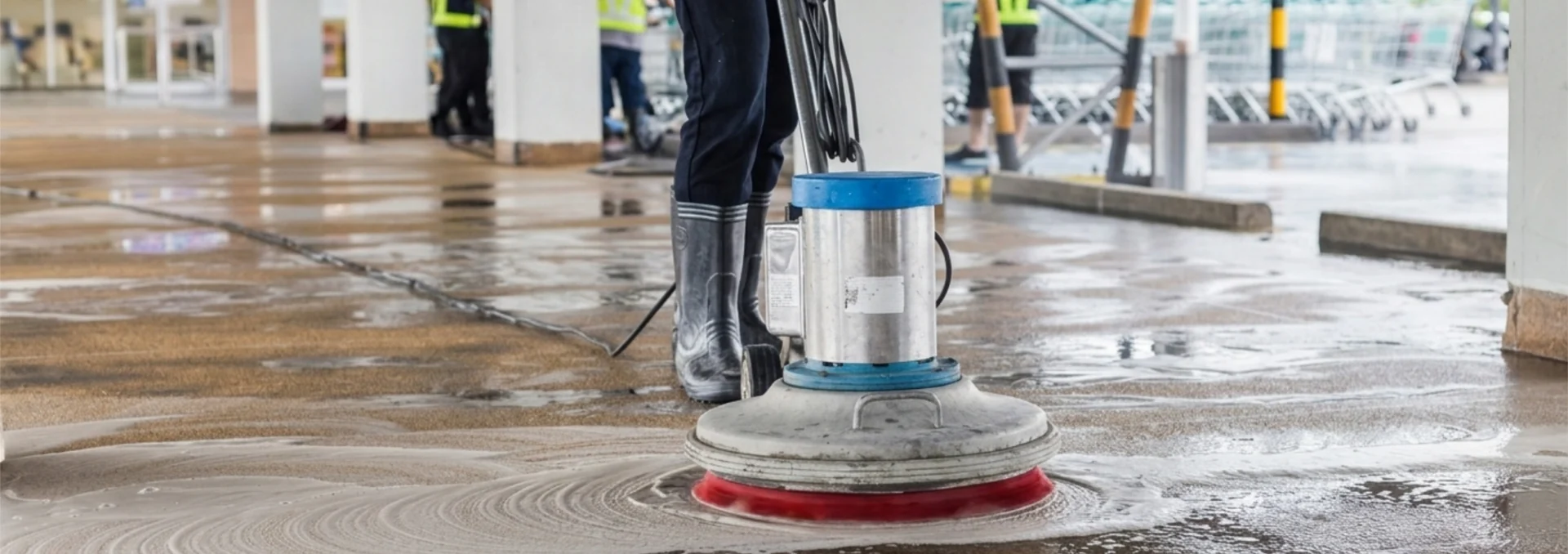 Profissional usando lavadora de piso em ambiente pós-obra.