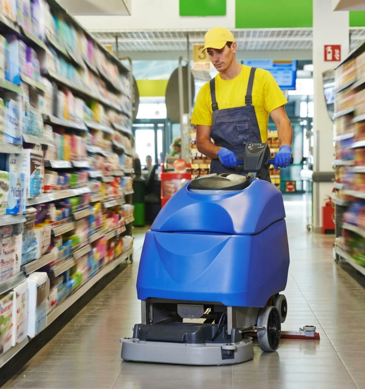 Operador usando lavadora de piso em supermercado.